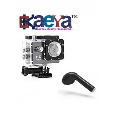 OkaeYa- 1080P 12MP Sports Waterproof Action Camera with I7 Single Mini Wireless Bluetooth Headset Compatible with Xiaomi, Lenovo, Apple, Samsung, Sony, Oppo, Gionee, Vivo Smartphones 